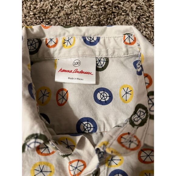 Hanna Andersson 4T Button Up Shirt Circles Wheels Beige Colorful 100% Cotton - Picture 4 of 7